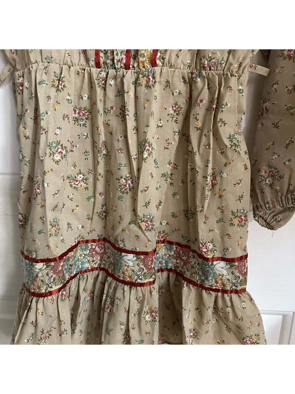 Vintage 1970's Boho Mini Prairie Dress Tunic Top Cream Floral Print Sz xs /child - Picture 2 of 14